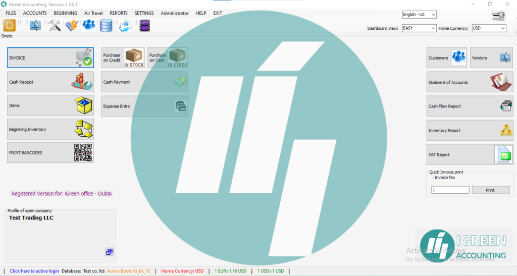 Dashboard screen of iGreen accounting software, version 3.5.0.1